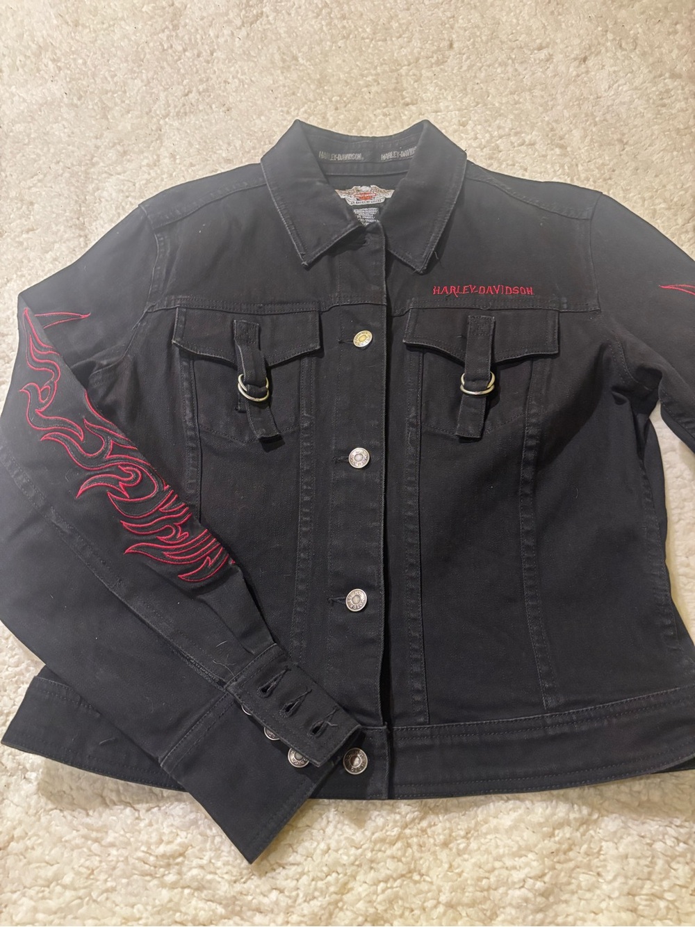Harley-Davidson Black Denim Jacket with Red Flame Sleeve0241